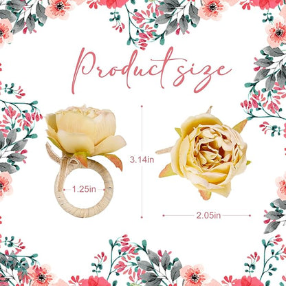 Handmade Flower Napkin Rings Set of 6, Champagne Peony Napkin Holder Rings - Image 5
