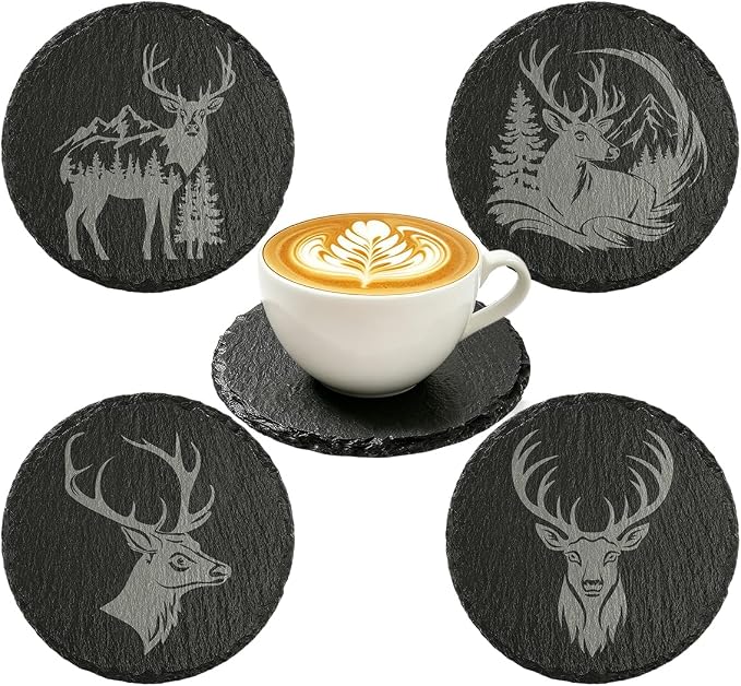 4Pcs Slate Coasters with Deer Pattern, Round 3.94 inch Cup Mats by LKKCHERDESIGN
