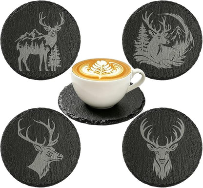 4Pcs Slate Coasters with Deer Pattern, Round 3.94 inch Cup Mats by LKKCHERDESIGN