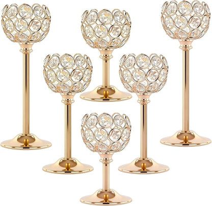 Crystal Candle Holders 2 Set of 6 - Gold Vintage Hollow Ball Candle Stand for Table Centerpiece, Crystal Metal Tealight Candlestick for Wedding, Dining Room Decor