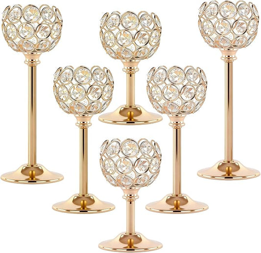 Crystal Candle Holders 2 Set of 6 - Gold Vintage Hollow Ball Candle Stand for Table Centerpiece, Crystal Metal Tealight Candlestick for Wedding, Dining Room Decor