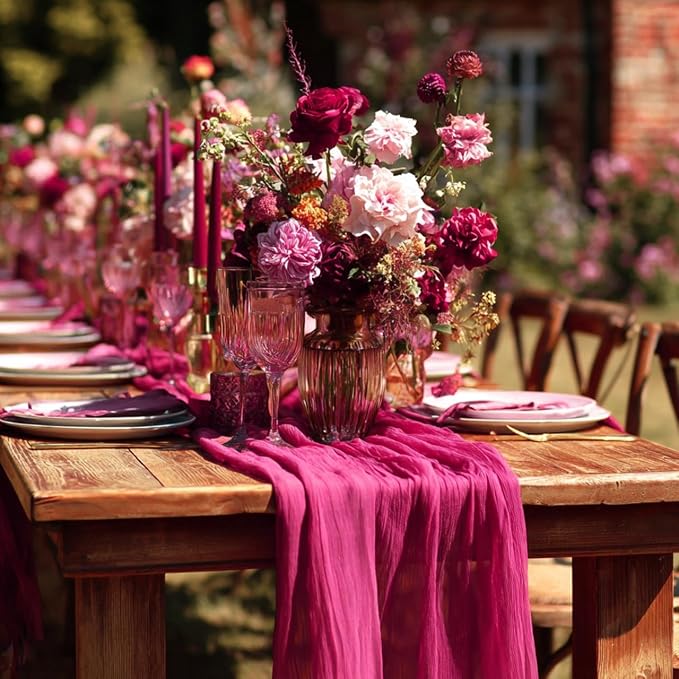 3Pcs Hot Pink Cheesecloth Table Runner Wedding Baby Shower Home Decor | 35x120 - Image 8