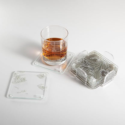 Cortina d'Ampezzo, Italy 3D Contour Map Glass Drink Coasters of Mountains, Ski Resort, Set of 6 with Holder, Housewarming Birthday Gifts, Home Decor