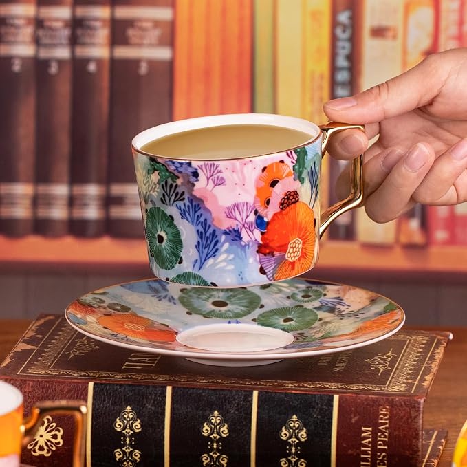 KAMMAK Tea Cups and Saucers Set of 2, Fine Bone China Coffee Cups, 569N | - Image 2