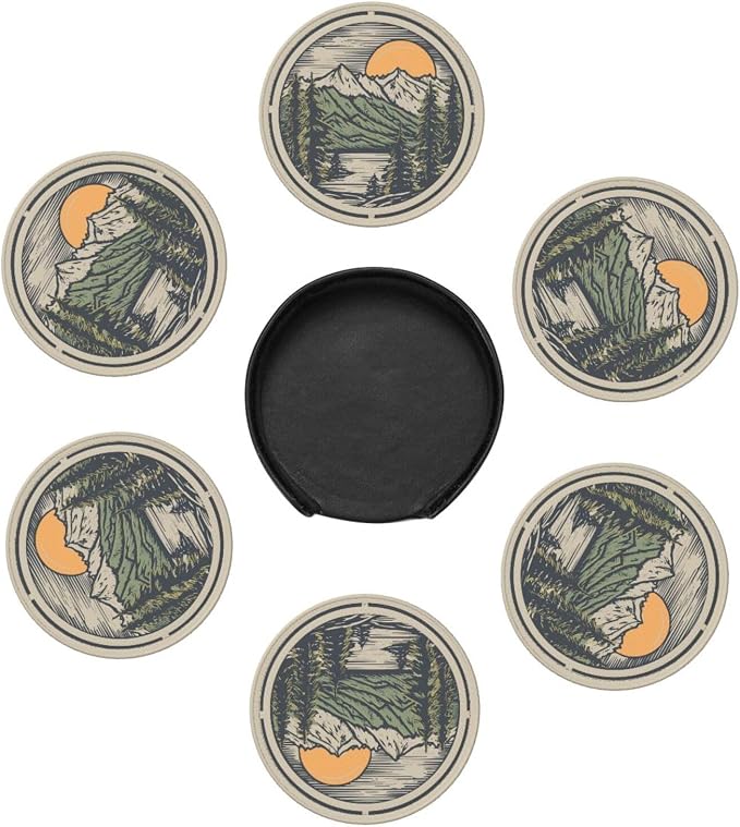 Mountain Sunset Leather Drinks Coasters - Image 4