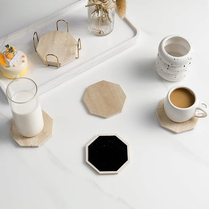 Octagonal Travertine Coasters Set of 6 with Gold Holder, Farmhouse Rustic Neutral Style Coaster for Home Table Decor, Porous Natural Travertine Absorbent Drink Coasters, Velvet Backed