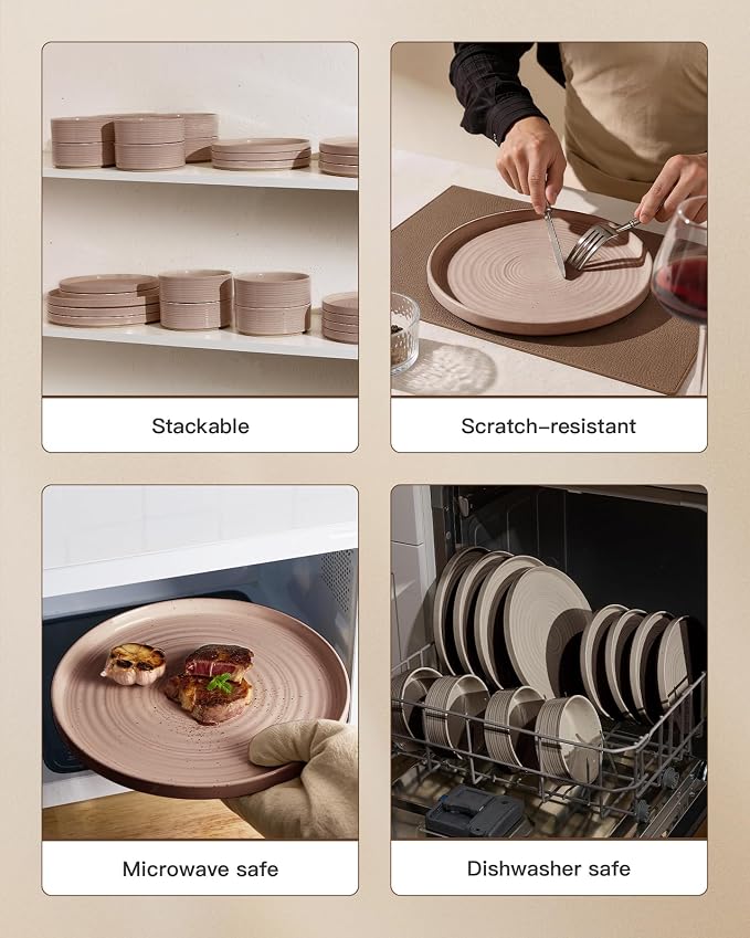 Stoneware Dinnerware Sets for 8, Plates and Bowls, Chip & Scratch Resistant - Image 5