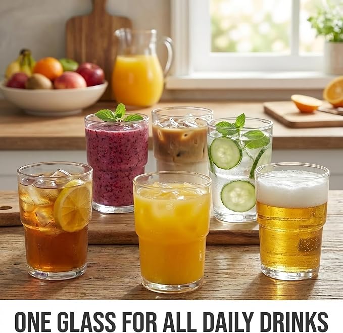 Clear Ribbed Glass Cups, 13 oz Stackable Drinking Glasses - Image 6
