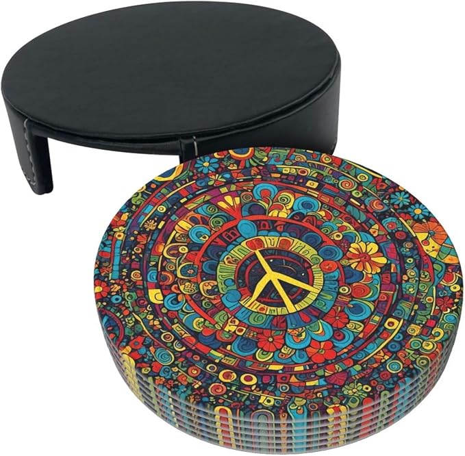 Drink Coasters with Holder Stand Set of 6, Hippies Peace Pu Leather Absorbent - Image 9