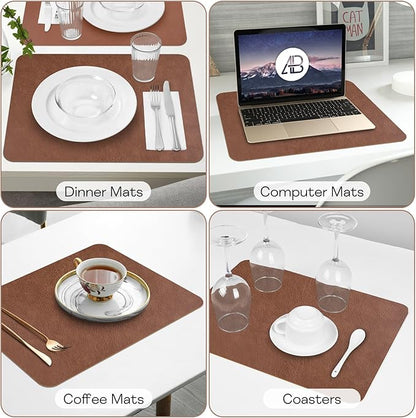 AAPLKER Faux Leather Placemats Set of 6, Vinyl Placemats Wipeable Waterproof Oil-Proof Table Mats, Heat Resistant Place Mats, Table Mats for Kitchen Indoor Outdoor, 15.8 x 11.8 inches (Brown)