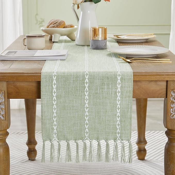 Wracra Rustic Linen Table Runner, Sage Green Table Runners 48 inches Long | - Image 7