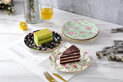 Floral Salad Plates, Set of 6 – 8 Inch Ceramic Appetizer Plates with Gold Trim, Vintage Floral Design for Dessert, Tea Party, Dinner, Decorative Serving