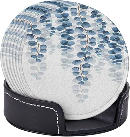 6 Pcs Eucalyptus Leaves Bath Mat Blue Leaf Plant Botanical Leather Coasters - Image 6