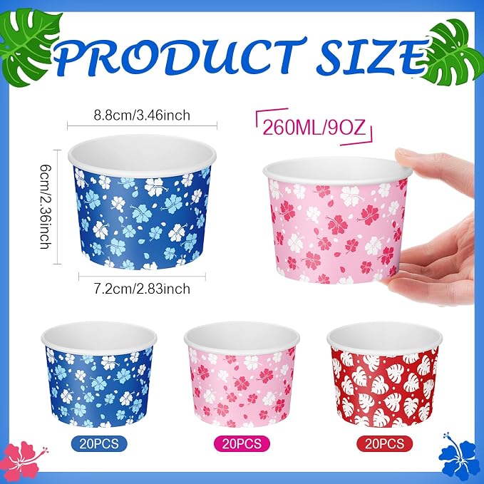 CHENGU 60 Pcs 9 oz Hawaii Hibiscus and Tropical Leaves Ice Cream Cups, Tropical - Image 2