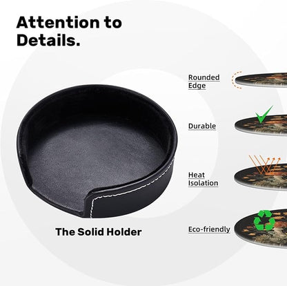 Mushroom Coasters for Drinks with Holder Round Leather Coasters Set of 6 Cups Mugs Mat Pad for Home Kitchen Bar