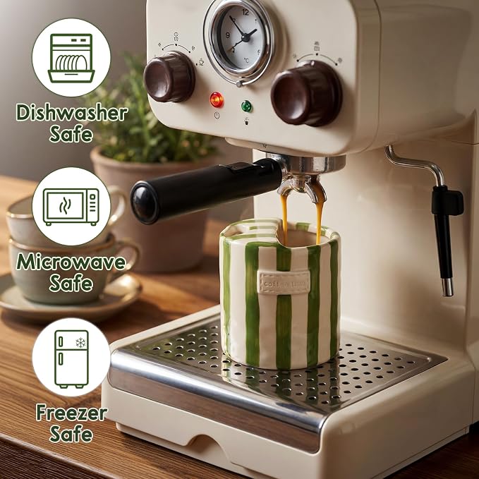 10oz Ceramic Coffee Mug with Sip Hole, Striped Espresso Cups - Image 3