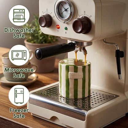 10oz Ceramic Coffee Mug with Sip Hole, Striped Espresso Cups - Image 3