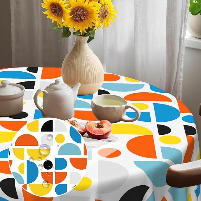 Laeacco 70 Inch Geometric Round Tablecloth Colorful Sector Circular Pattern Modern Abstract Art Print Table Cloth Washable Waterproof Wrinkle Free Table Cover for Kitchen Dining Picnic Party Decor