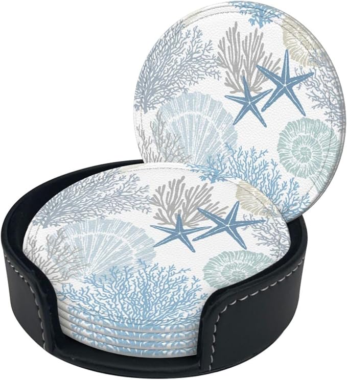6 Pcs Sea Life Coral Starfish Print Blue Plant Leather Coasters - Image 3