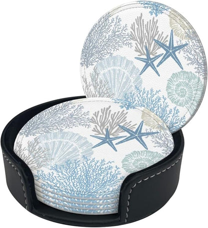 6 Pcs Sea Life Coral Starfish Print Blue Plant Leather Coasters - Image 3