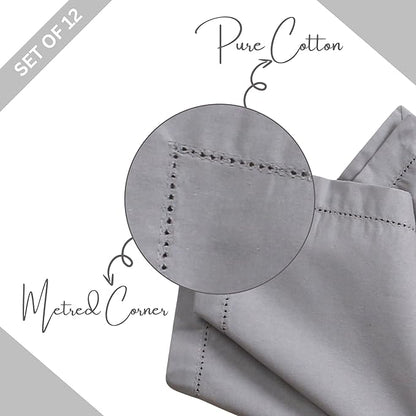 Lightnpro Decorative Cloth Dinner Napkins with Hemstitched, Wedding, Cocktail & Party Napkins, Mitered Corners, Machine Washable, 12 Elegant Table Napkins for Special Occasions - 18x18 Inch Ash Grey