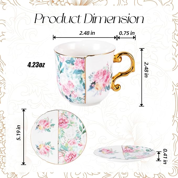 KAMMAK Tea Cups and Saucers Set of 2, 4 oz Porcelain Coffee Cups, YX013 | - Image 2