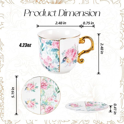 KAMMAK Tea Cups and Saucers Set of 2, 4 oz Porcelain Coffee Cups, YX013 | - Image 2