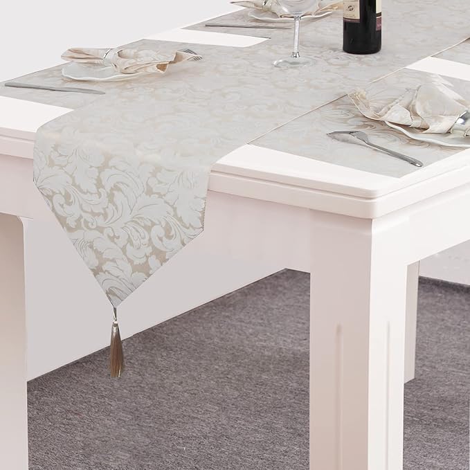 EHouseHome Jacquard Damask Reversible Beige Table Runners - Image 4