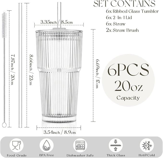 KEMORELA 20oz Ribbed Glass Tumblers - Image 3