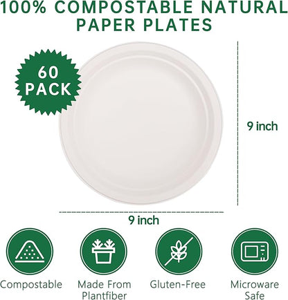 DaYammi 100% Compostable Paper Plates 9 Inch, 60-Pack Heavy Duty Paper Plates Bulk,Biodegradable Bagasse,Eco-Friendly Disposable Dinner Plate for BBQ,Picnic,Party (BPI Certified,Microwaveable)