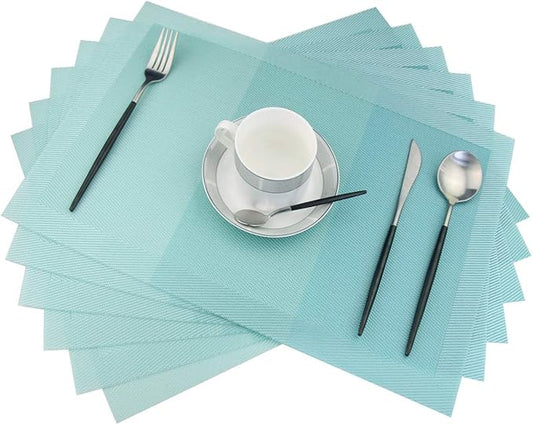 PIGCHCY Placemats Non-Slip Plastic Placemats,Easy to Clean Woven Vinyl Placemats for Dining Table 18x12 Inches Washable Table Mats Set of 6 (Turquoise)