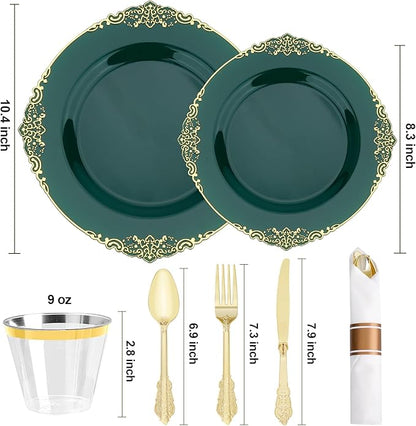 350 PCS Green and Gold Plastic Plates, Plastic Dinnerware Set for 50 Guests, 100 Disposable Plates, 150 Silverwares, 50 Cups, 50 Napkins for Party, Wedding, Graduation