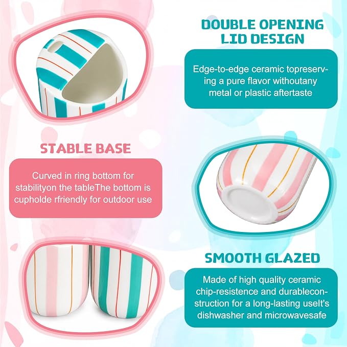 2 Pcs Ceramic Mug with Sip Hole 10 oz Pink Turquoise Striped Ceramic Coffee Mug - Image 3