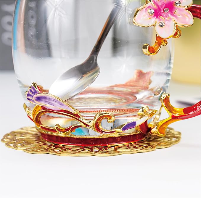 Flower Tea Cup, Lily flower Clear Glass Fancy Coffee Mug - Image 3