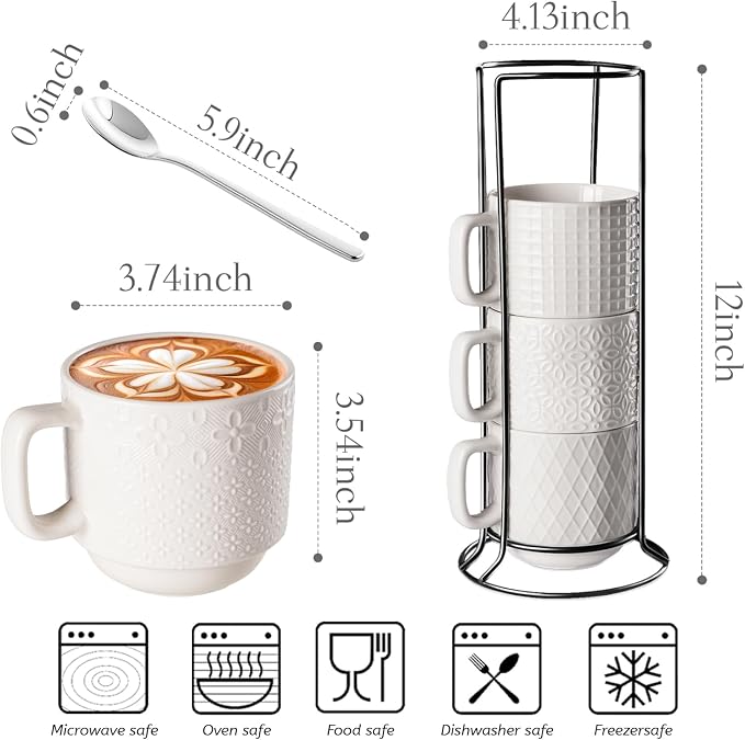 Large Coffee Mug Set of 4 with Stand and Spoons – 14oz Heavy Duty Ceramic Cups - Image 2