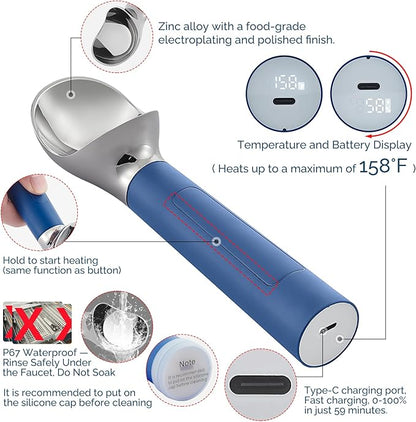 Heated Ice Cream Scoop Rechargeable, Electric Warming Ice Cream Scooper with LED Display, Heats to 158°F for Hard Ice Cream, Easy for Seniors & Kids, IP67 Waterproof (Blue, 2 oz)
