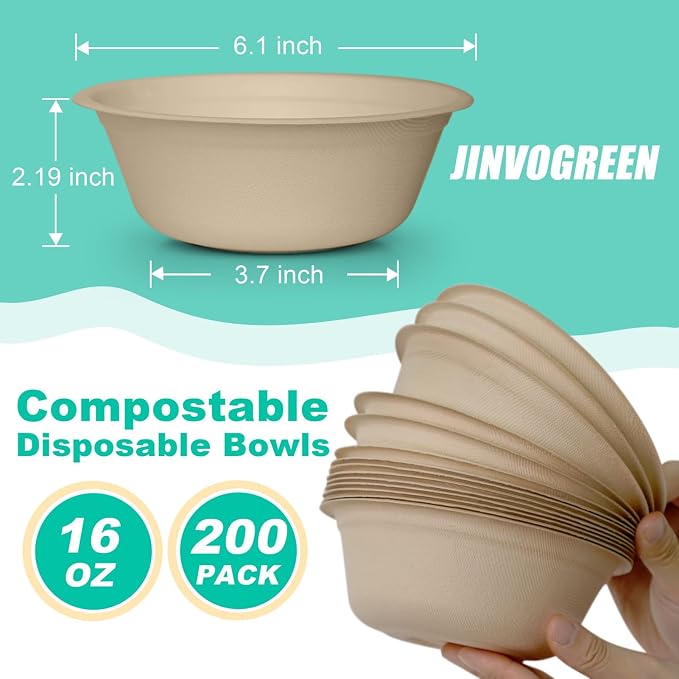 JINVOGREEN 200 Count 16 oz Paper Bowls, Disposable Compostable Bowls, Heavy - Image 3
