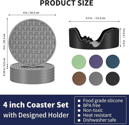 Gray Silicone Coasters with Holder, 4 Inches Non-Slip Heat Resistant Cup Mats, Decorative Waterproof Round Coaster Set of 6 for Home, Kitchen, Office, Bar, Coffee Table