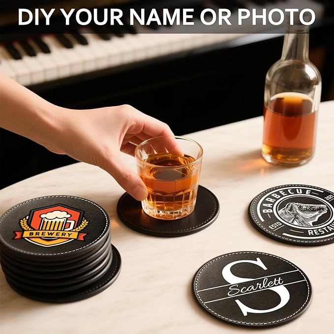 Custom Personalized Leather Coasters - Set of 6 | DIY Name, Photo, or Logo Coasters for Coffee Table, Bar, Beer, Wine | Ideal Housewarming Gift,Blue