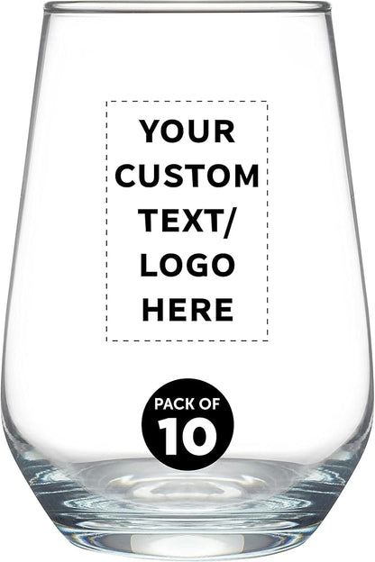DISCOUNT PROMOS 10 Vaso Silicia Stemless Wine Glasses Set, 16 oz. - Personalized Text, Logo - Clear, Orb-Like, Thick base - Clear