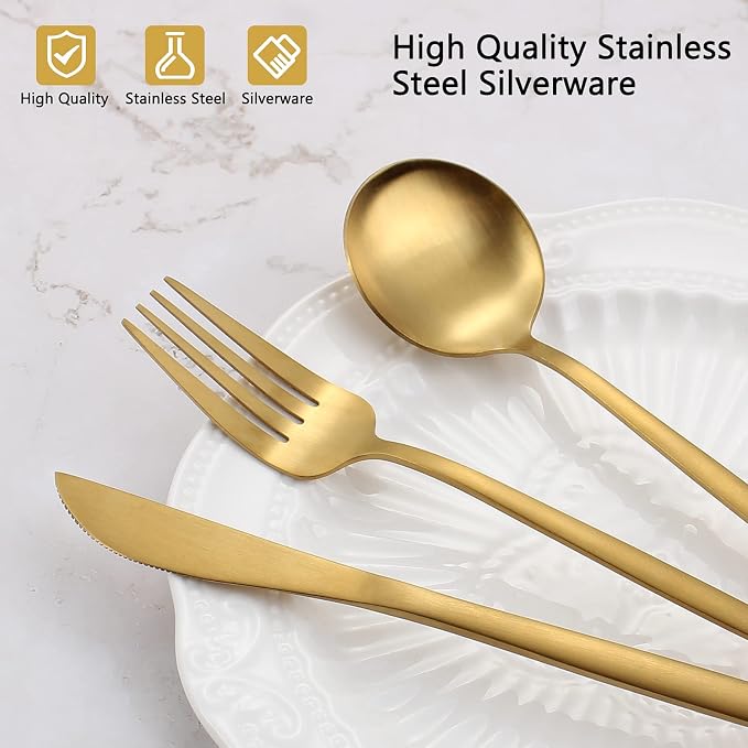 Matte Gold Silverware Set, VANVRO 20-Piece Stainless Steel Flatware Set - Image 4