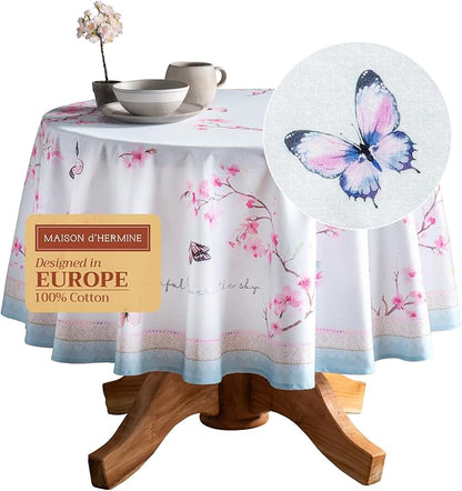 Maison d' Hermine Table Cloth Round Table 100% Cotton 63 Round Inches Tablecloth Reusable Decorative for Dining Room Farmhouse Home Valentines Day Decorations Spring Summer - Blossoms in Spring