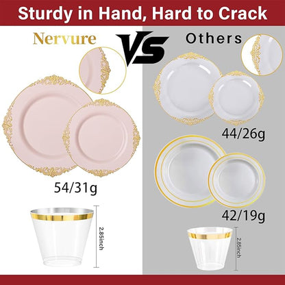Nervure 175PCS Pink Plastic Plates - Disposable Pink Gold Party Plates & Pre Rolled Napkins with Cutlery for 25 Guests, 50Plates, 75Silverware, 25Cups, 25Napkin for Wedding & Party