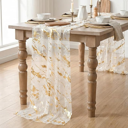 Artoid Mode Marble Pattern Beige Gauze Table Runner 10FT, Glitter Metallic Foil - Image 3
