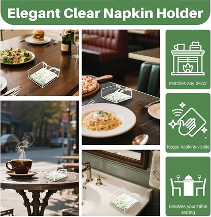 Acrylic Cocktail Napkin Holder, 5.5"x5.5" Clear Square with Weighted Arm & Non-Slip Base, Sleek & Stable Flat Napkin Holder for Bar Cafe Restaurant Kitchen Dining Table