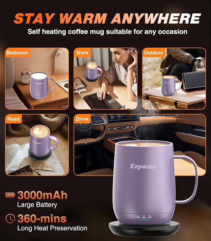 Kepwam Self-Heating Coffee Mug T2, 16oz Electric Heated Mug Hot Up to 149℉ | No - Image 4
