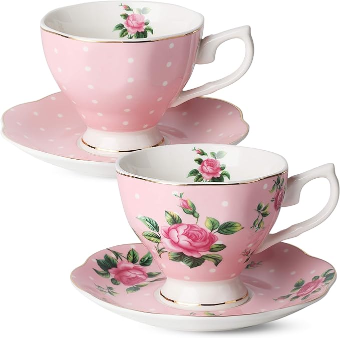 BTaT- Floral Tea Cups and Saucers, 8 oz, Fine Porcelain Teacup Set by BrewToATea