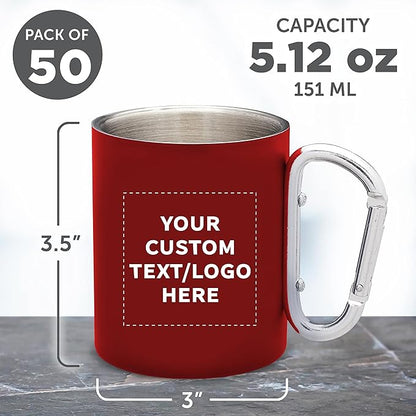 Custom Stainless Steel Mugs with Carabiner Handle 10 oz. Set of 50, Personalized Bulk Pack - Perfect for Coffee, Soda, Other Hot & Cold Beverages - Red