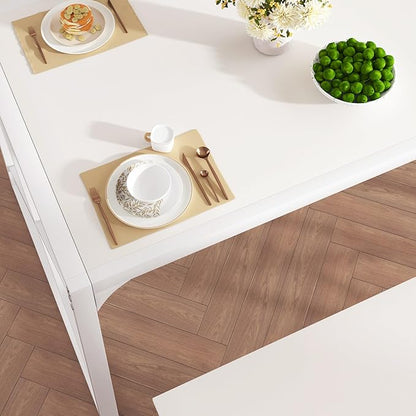 VECELO Kitchen Dining Table Sets for 6, 55" Wood Dinette 2 Benches with Metal Frame for Dinner Breakfast Nook and Small Space, White