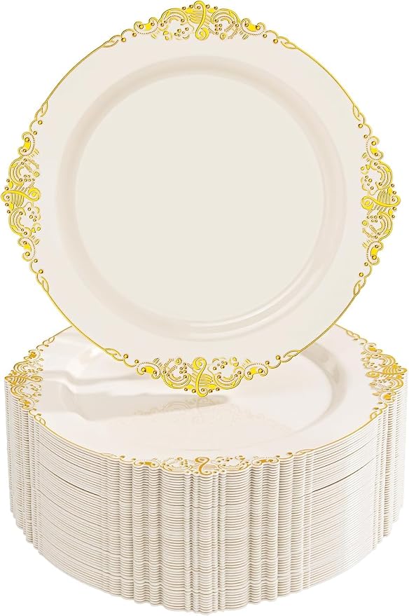 Nervure 100Pcs 7.5'' Ivory Plastic Plates, Disposable Plates by Nervure